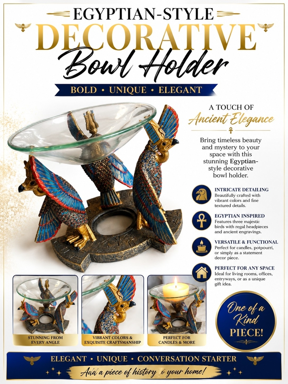 Egyptian-Style Decorative Bowl Holder - Blue & Gold
